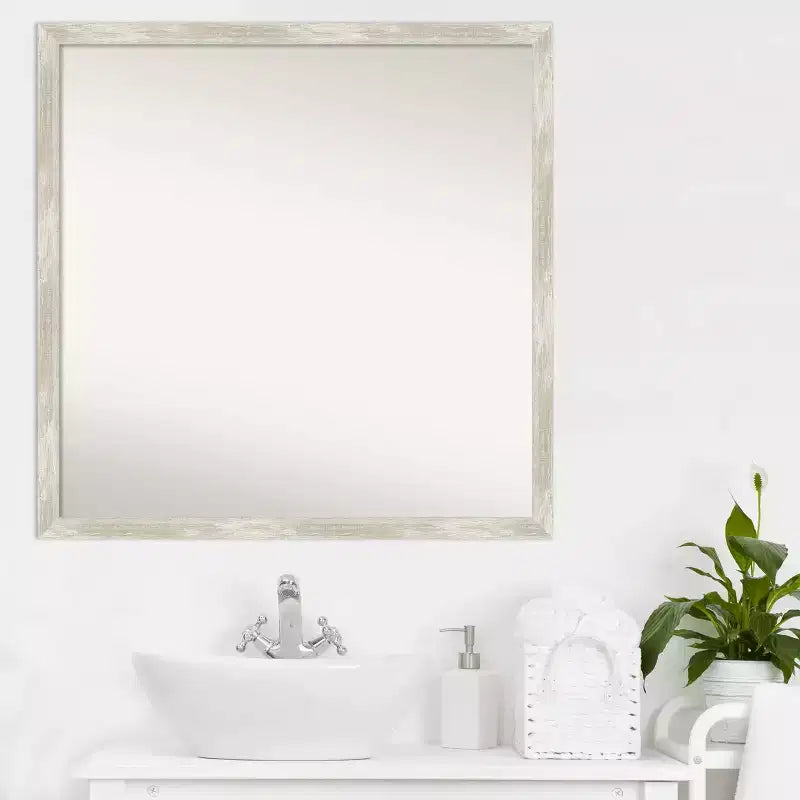 Miroir mural carré étroit en métal craquelé argenté, 71 x 71 cm, simple