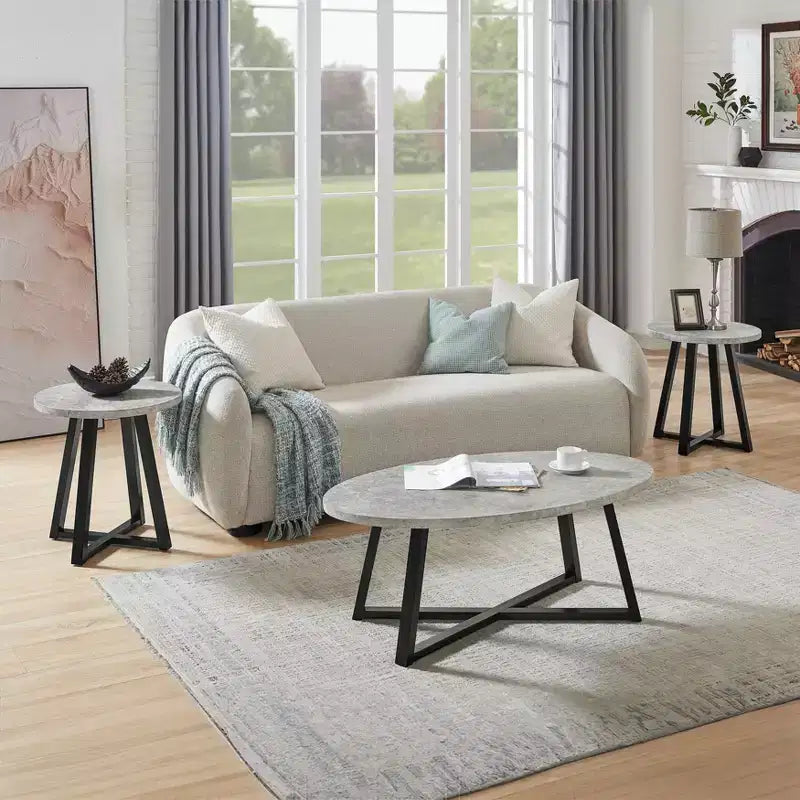 Ensemble de 3 tables basses et d'appoint ovales noir/gris/blanc, style entrecroisé moderne