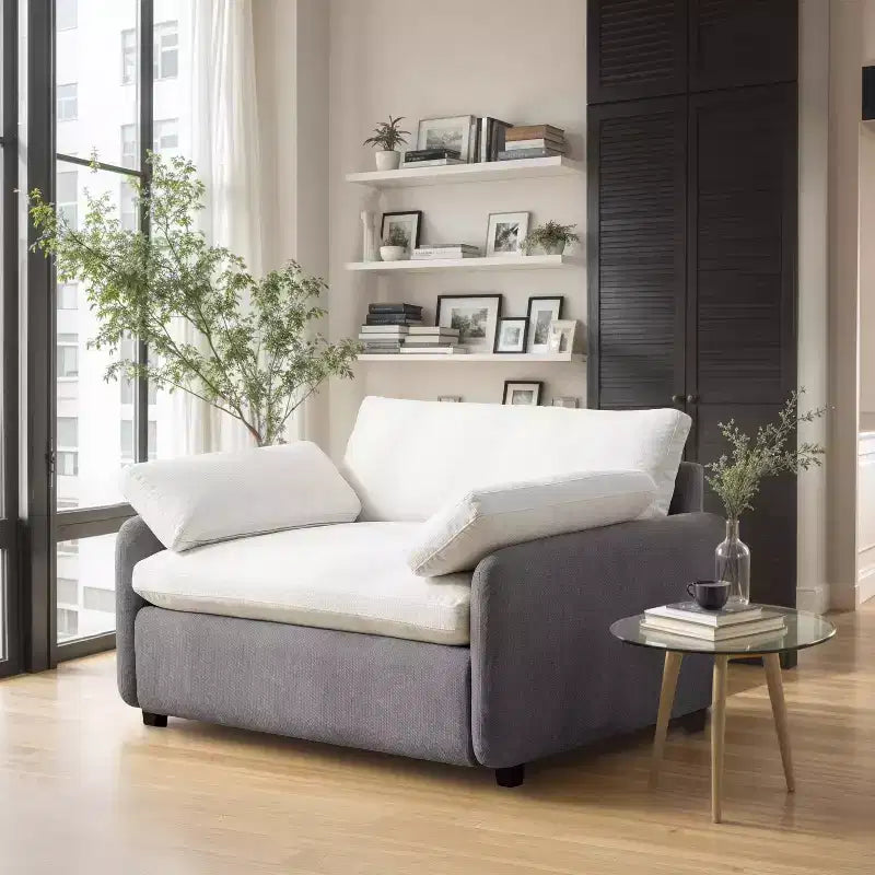 Fauteuil surdimensionné en chenille, une place, color-block bleu / gris / jaune