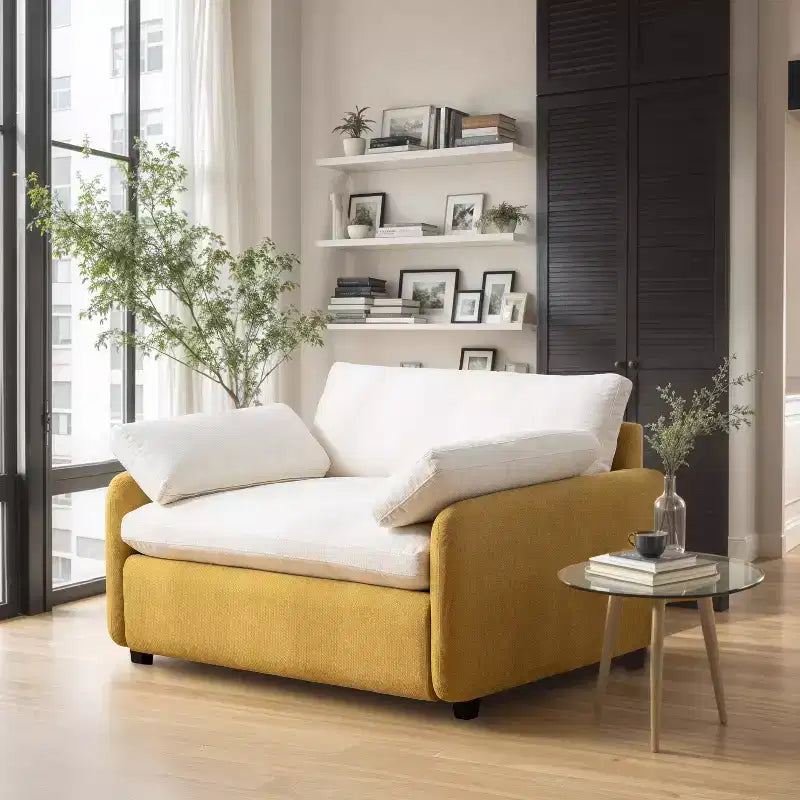 Fauteuil surdimensionné en chenille, une place, color-block bleu / gris / jaune
