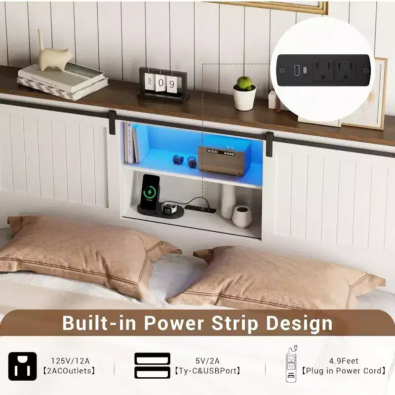 Lit plate-forme de style campagnard blanc et noyer avec tête de lit de rangement, LED et station de recharge, porte coulissante de style grange – Grand lit/Très grand lit