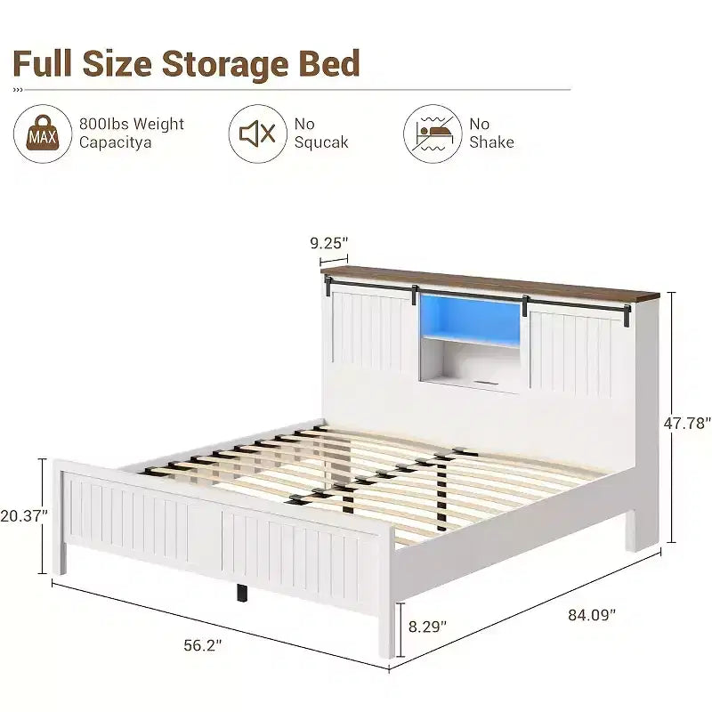 Lit plate-forme de style campagnard blanc et noyer avec tête de lit de rangement, LED et station de recharge, porte coulissante de style grange – Grand lit/Très grand lit