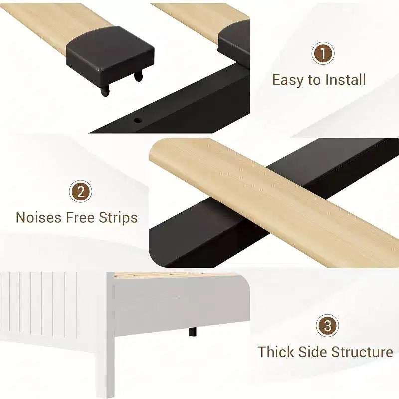 Lit plate-forme de style campagnard blanc et noyer avec tête de lit de rangement, LED et station de recharge, porte coulissante de style grange – Grand lit/Très grand lit