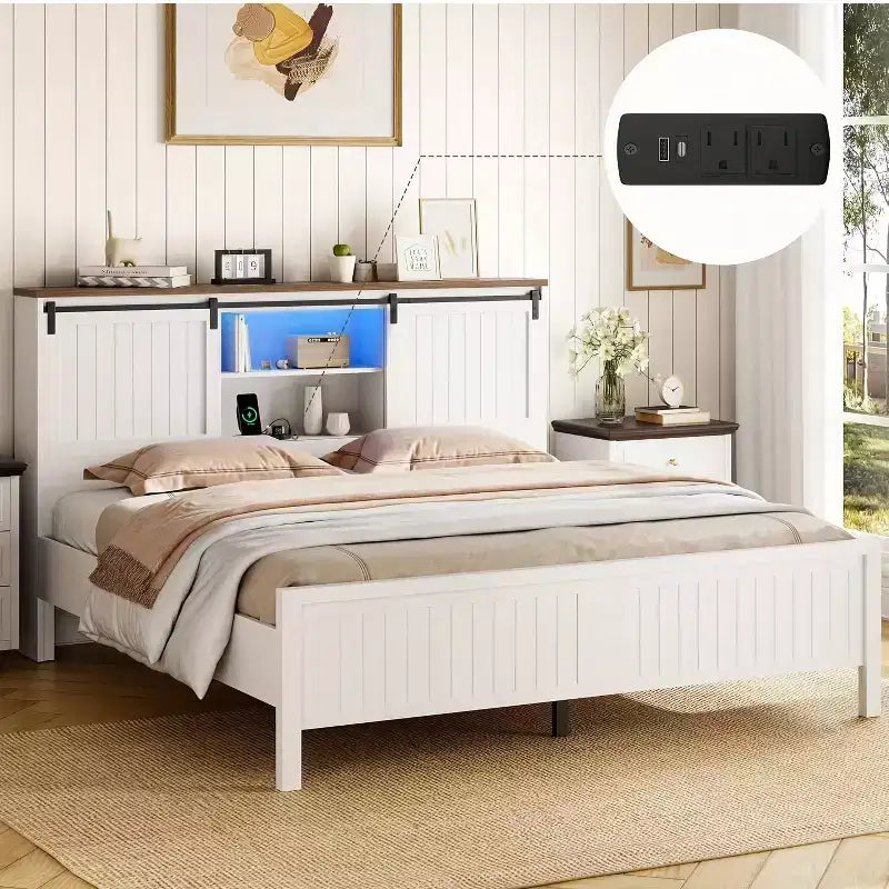 Lit plate-forme de style campagnard blanc et noyer avec tête de lit de rangement, LED et station de recharge, porte coulissante de style grange – Grand lit/Très grand lit