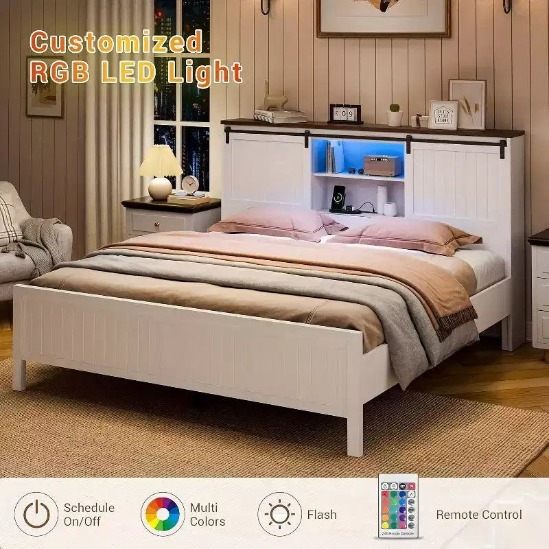Lit plate-forme de style campagnard blanc et noyer avec tête de lit de rangement, LED et station de recharge, porte coulissante de style grange – Grand lit/Très grand lit