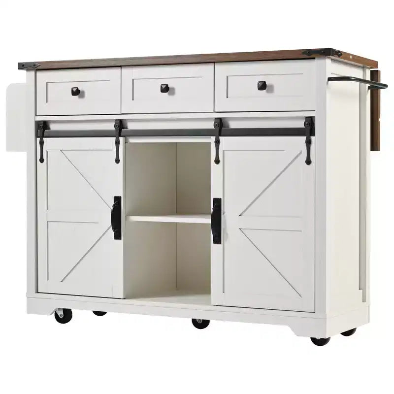 Îlot de cuisine de style campagnard noir/blanc avec rallonge et prise de courant, préparation pour 2 personnes, portes coulissantes de grange