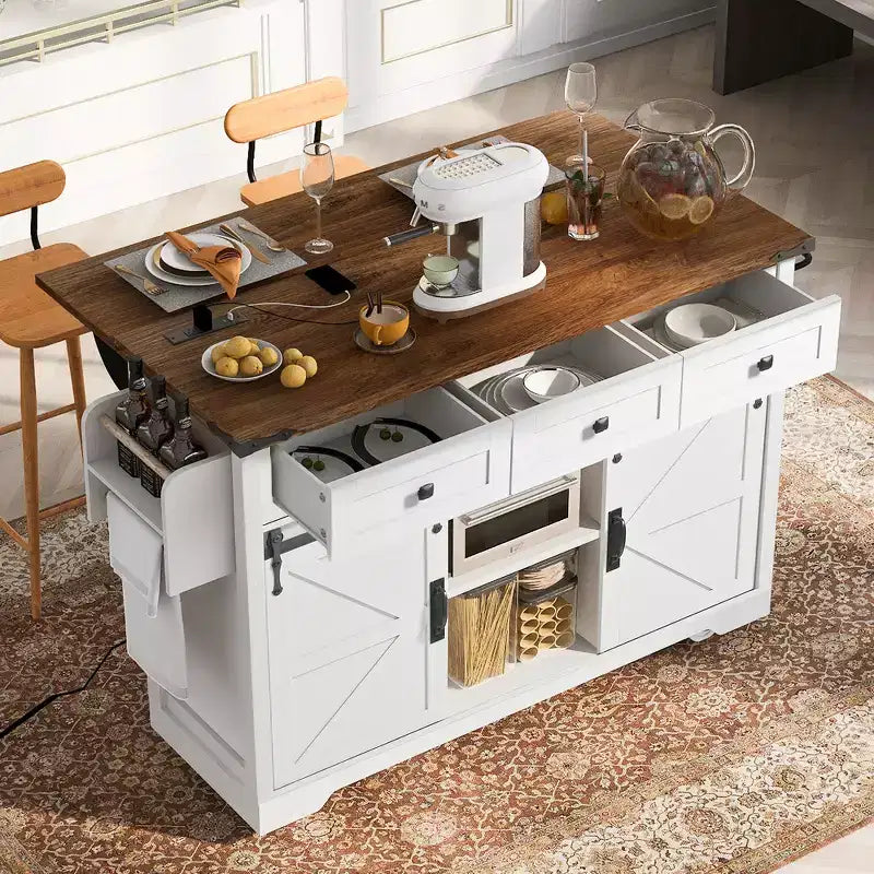 Îlot de cuisine de style campagnard noir/blanc avec rallonge et prise de courant, préparation pour 2 personnes, portes coulissantes de grange