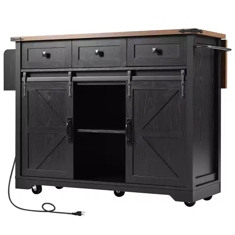 Îlot de cuisine de style campagnard noir/blanc avec rallonge et prise de courant, préparation pour 2 personnes, portes coulissantes de grange