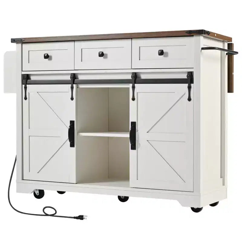 Îlot de cuisine de style campagnard noir/blanc avec rallonge et prise de courant, préparation pour 2 personnes, portes coulissantes de grange