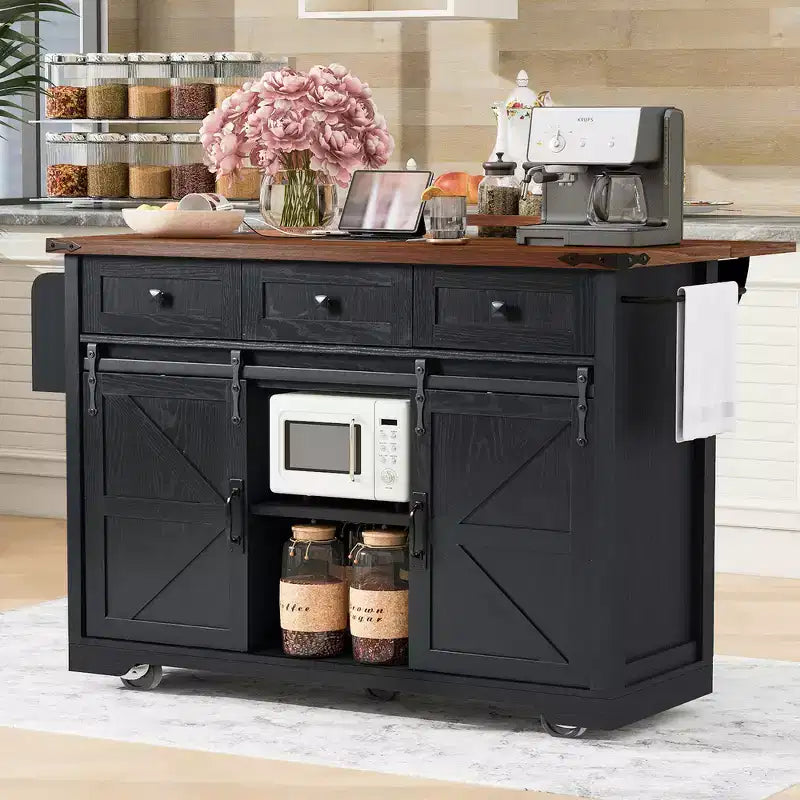 Zeus & Ruta 53.7 Farmhouse Kitchen Island with Power Outlet, 2 Sliding Barn Door Kitchen Storage Island with Drop Leaf
