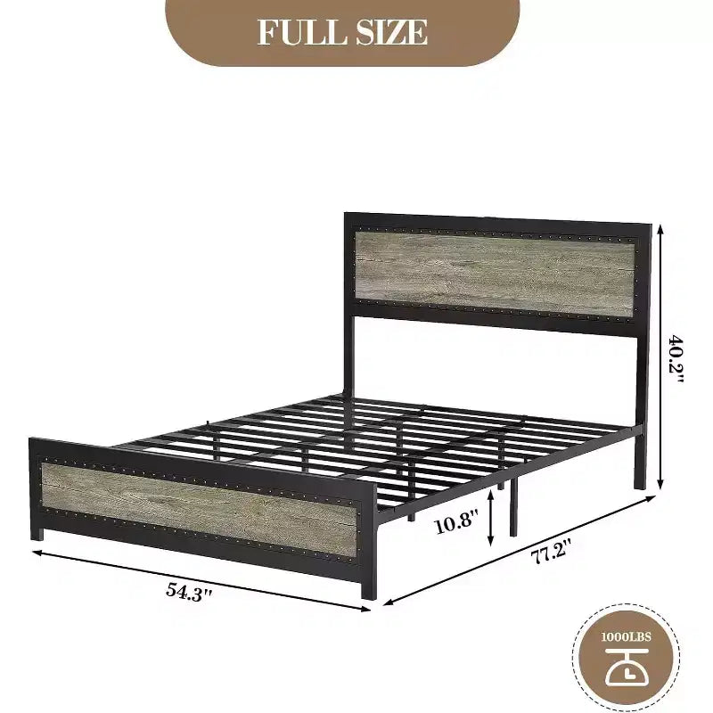 Cadre de lit plateforme industriel noir avec tête de lit – Lit double/Queen/King, 1-2 personnes