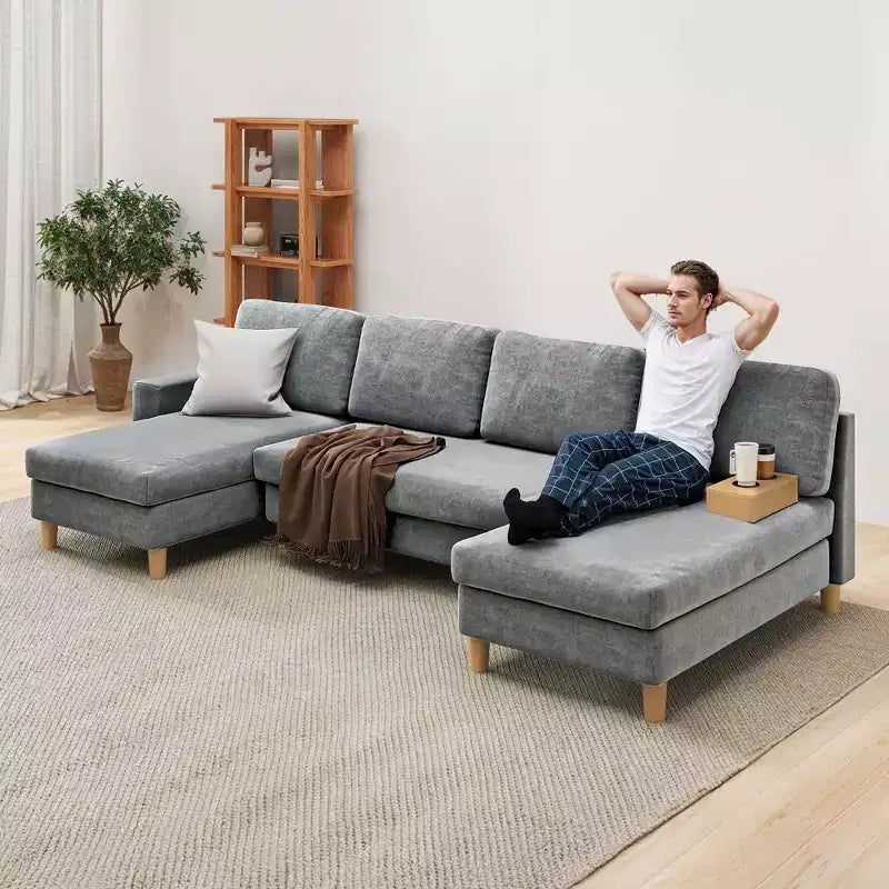 Canapé sectionnel en U gris foncé / gris clair, avec méridienne, 4 places
