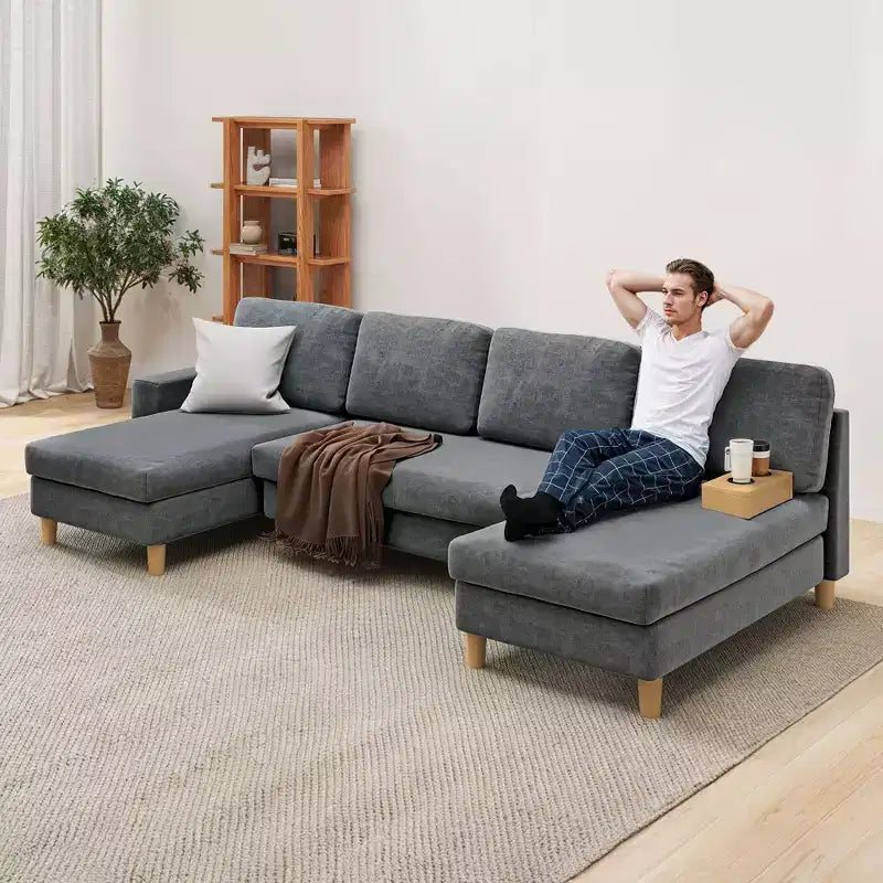 Canapé sectionnel en U gris foncé / gris clair, avec méridienne, 4 places