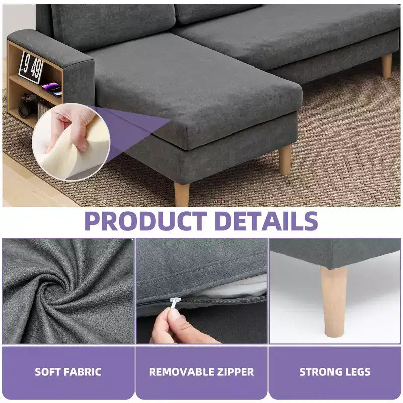 Canapé sectionnel en U gris foncé / gris clair, avec méridienne, 4 places