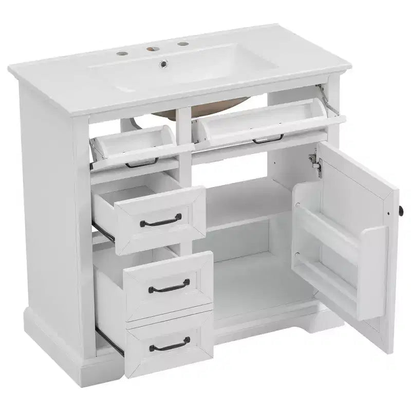 Meuble-lavabo de salle de bain autoportant noir/blanc de 36 po avec dessus d'évier en céramique, 4 tiroirs et porte à fermeture amortie, simple