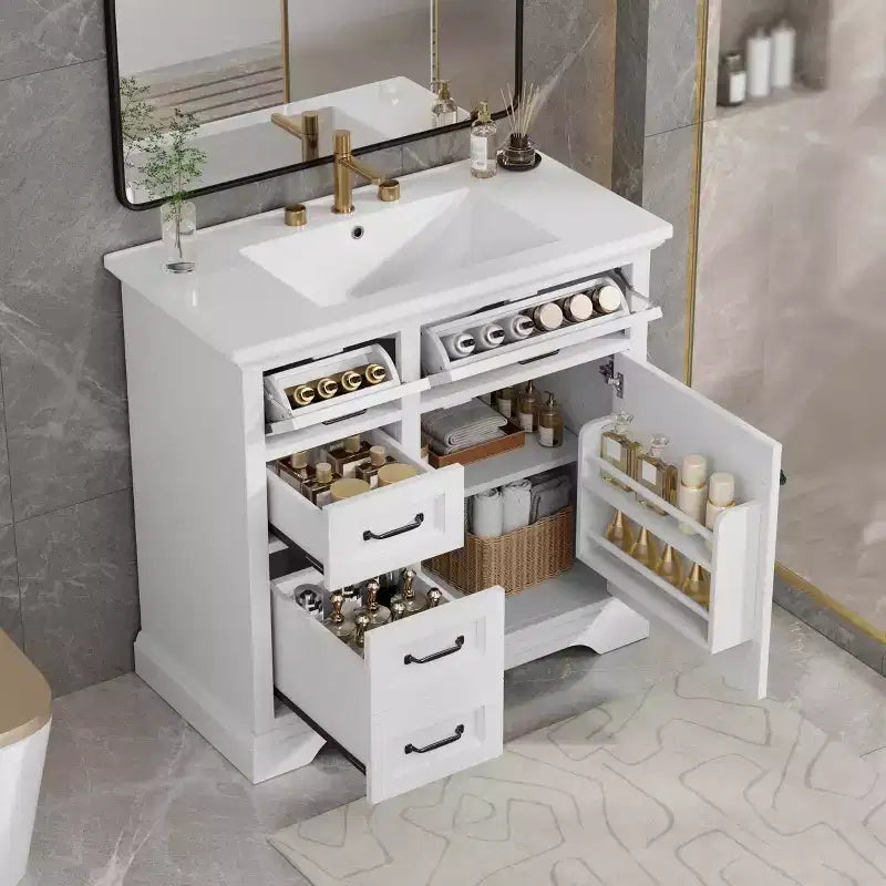 Meuble-lavabo de salle de bain autoportant noir/blanc de 36 po avec dessus d'évier en céramique, 4 tiroirs et porte à fermeture amortie, simple