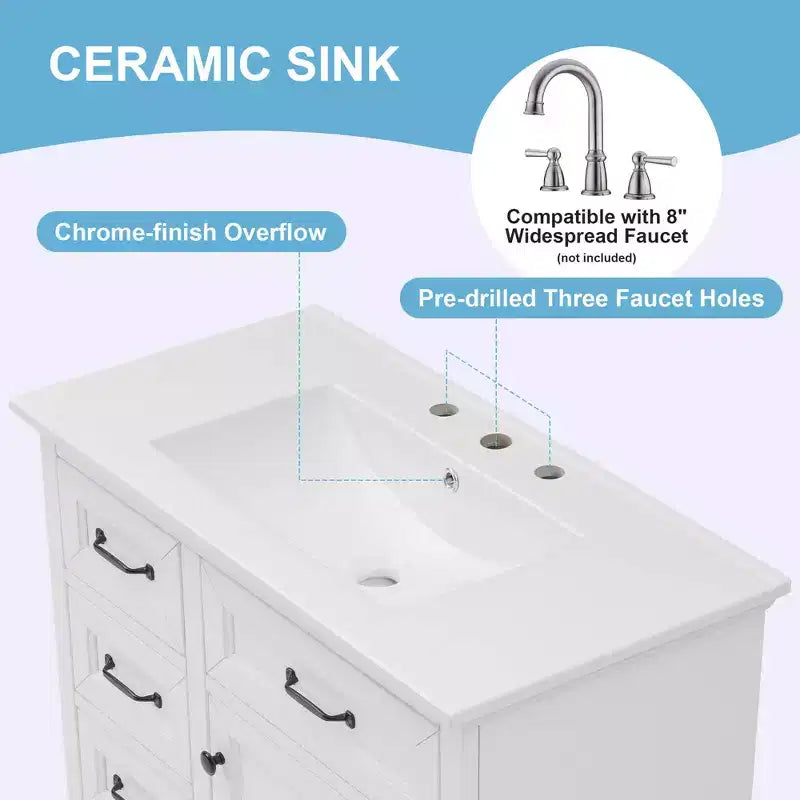 Meuble-lavabo de salle de bain autoportant noir/blanc de 36 po avec dessus d'évier en céramique, 4 tiroirs et porte à fermeture amortie, simple