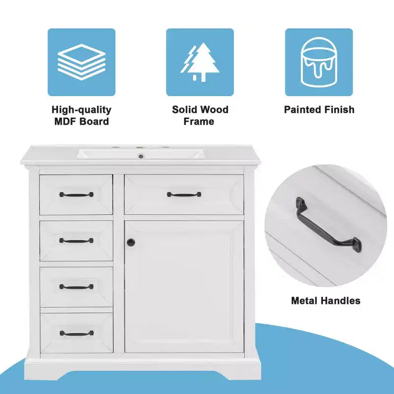 Meuble-lavabo de salle de bain autoportant noir/blanc de 36 po avec dessus d'évier en céramique, 4 tiroirs et porte à fermeture amortie, simple
