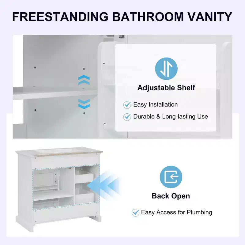 Meuble-lavabo de salle de bain autoportant noir/blanc de 36 po avec dessus d'évier en céramique, 4 tiroirs et porte à fermeture amortie, simple