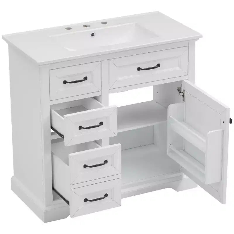 Meuble-lavabo de salle de bain autoportant noir/blanc de 36 po avec dessus d'évier en céramique, 4 tiroirs et porte à fermeture amortie, simple