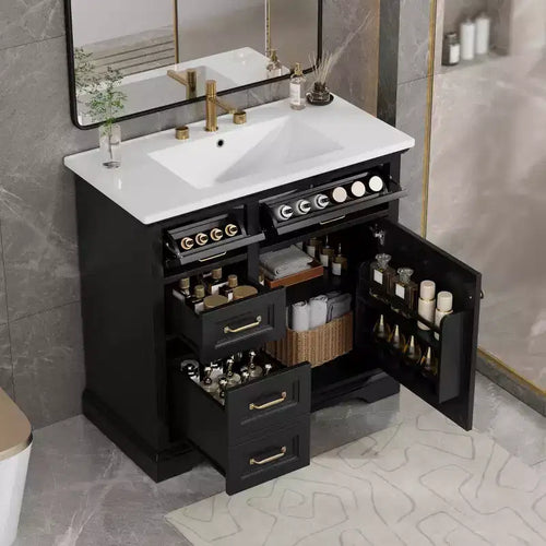 Meuble-lavabo de salle de bain autoportant noir/blanc de 36 po avec dessus d'évier en céramique, 4 tiroirs et porte à fermeture amortie, simple