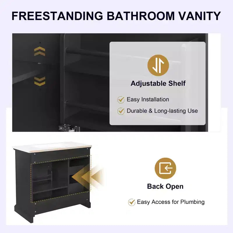 Meuble-lavabo de salle de bain autoportant noir/blanc de 36 po avec dessus d'évier en céramique, 4 tiroirs et porte à fermeture amortie, simple