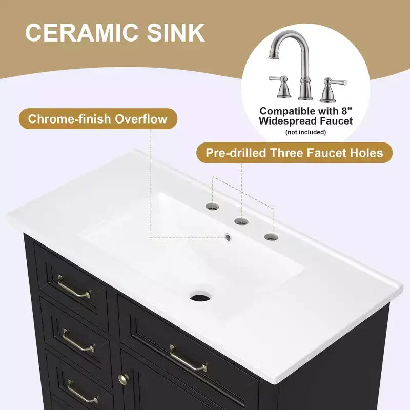 Meuble-lavabo de salle de bain autoportant noir/blanc de 36 po avec dessus d'évier en céramique, 4 tiroirs et porte à fermeture amortie, simple