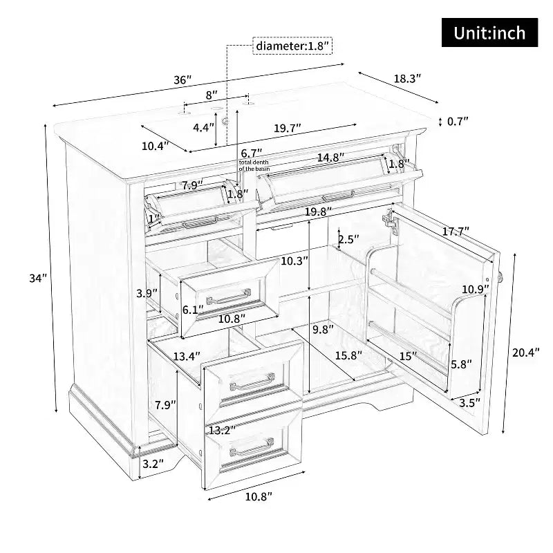 Meuble-lavabo de salle de bain autoportant noir/blanc de 36 po avec dessus d'évier en céramique, 4 tiroirs et porte à fermeture amortie, simple