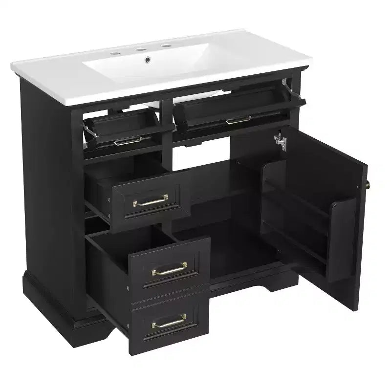 Meuble-lavabo de salle de bain autoportant noir/blanc de 36 po avec dessus d'évier en céramique, 4 tiroirs et porte à fermeture amortie, simple