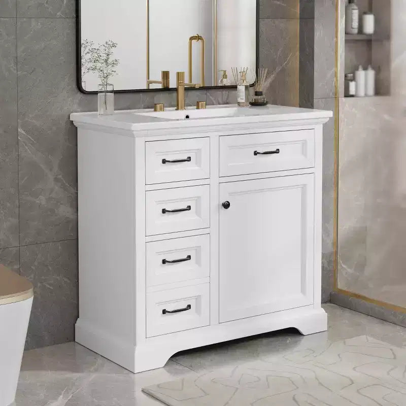 Meuble-lavabo de salle de bain autoportant noir/blanc de 36 po avec dessus d'évier en céramique, 4 tiroirs et porte à fermeture amortie, simple