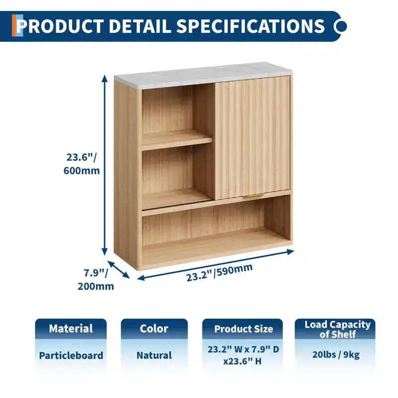 Armoire murale à porte coulissante cannelée en chêne naturel, 1 porte, 3 étagères, simple