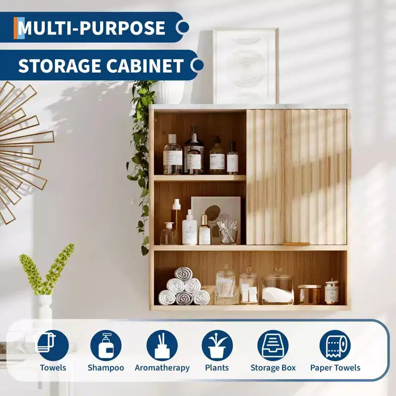 Armoire murale à porte coulissante cannelée en chêne naturel, 1 porte, 3 étagères, simple