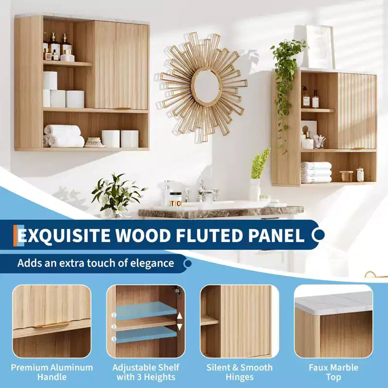 Armoire murale à porte coulissante cannelée en chêne naturel, 1 porte, 3 étagères, simple