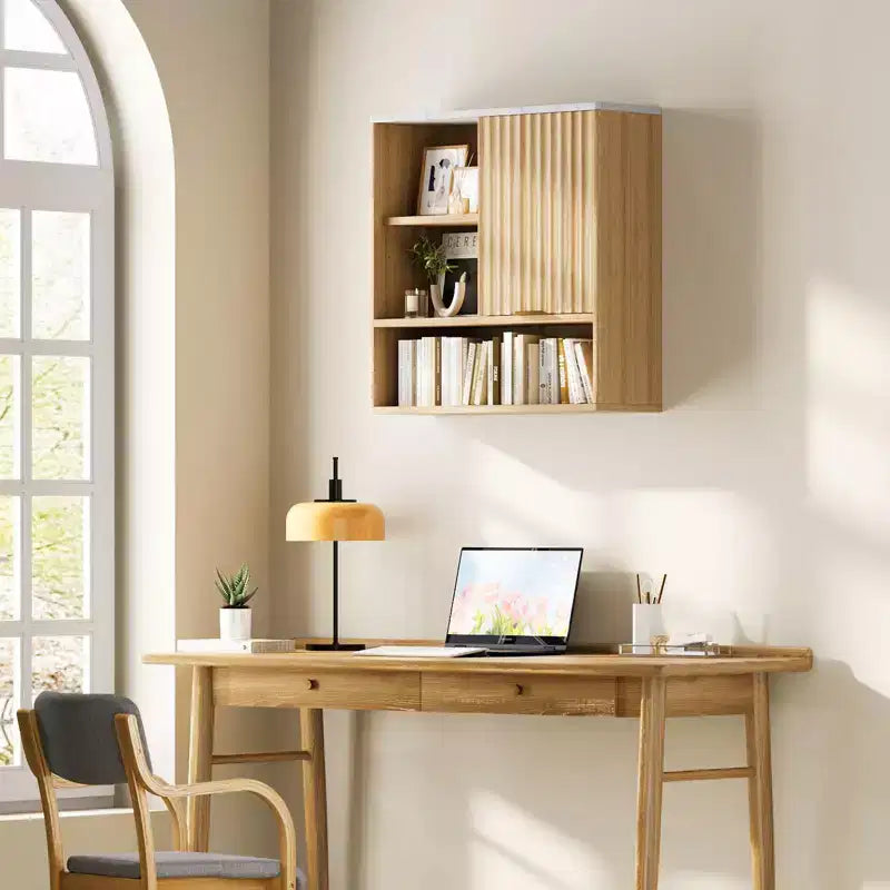 Armoire murale à porte coulissante cannelée en chêne naturel, 1 porte, 3 étagères, simple
