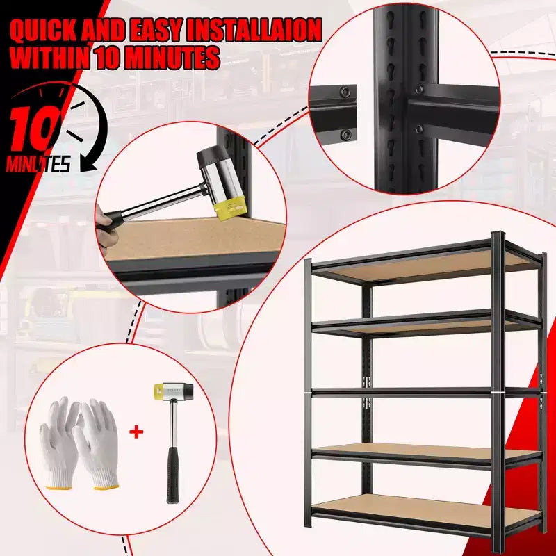 Étagère métallique et en MDF noir à 5 niveaux, 227 kg/niveau, se divise en 2 unités