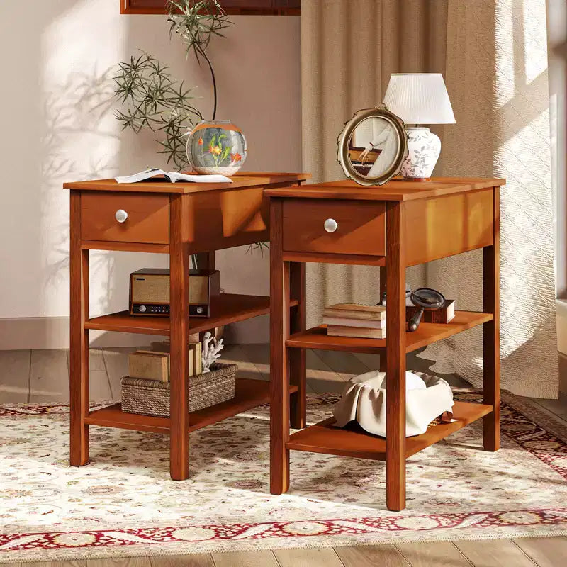 Table d'appoint étroite marron/jaune avec tiroir et 2 étagères, simple