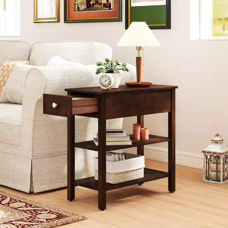 Table d'appoint étroite marron/jaune avec tiroir et 2 étagères, simple