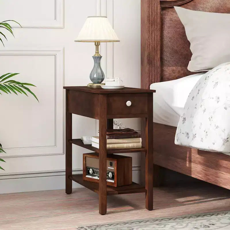 Table d'appoint étroite marron/jaune avec tiroir et 2 étagères, simple