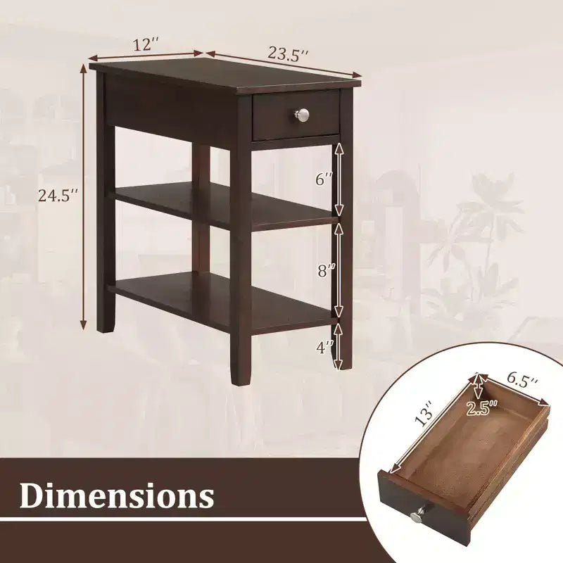 Table d'appoint étroite marron/jaune avec tiroir et 2 étagères, simple