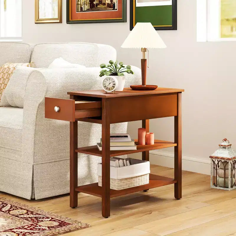 Table d'appoint étroite marron/jaune avec tiroir et 2 étagères, simple