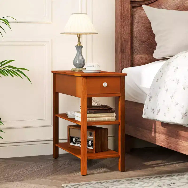 Table d'appoint étroite marron/jaune avec tiroir et 2 étagères, simple