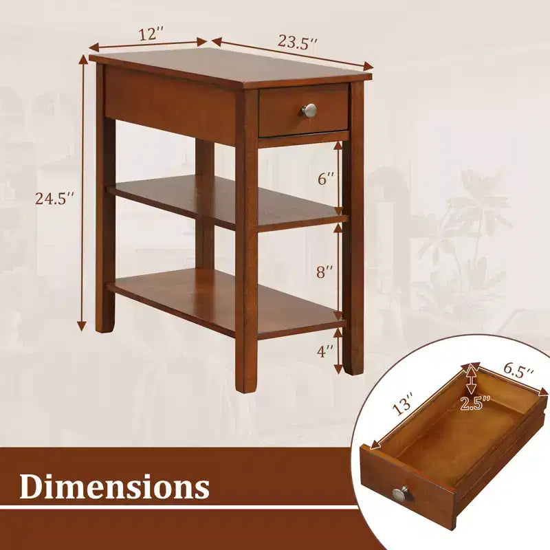 Table d'appoint étroite marron/jaune avec tiroir et 2 étagères, simple