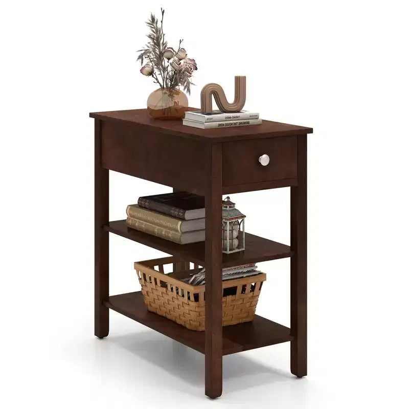 Table d'appoint étroite marron/jaune avec tiroir et 2 étagères, simple