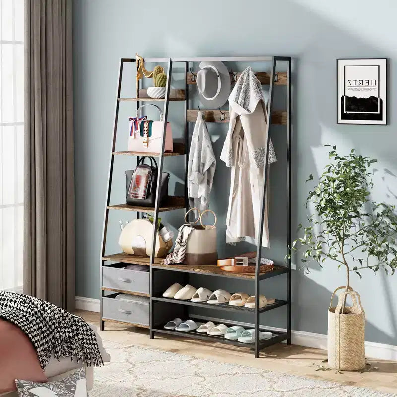 Meuble d'entrée 6 en 1 marron rustique avec banc et rangement – Utilisation jusqu'à 4 personnes