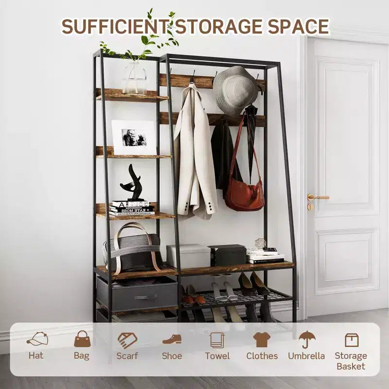 Meuble d'entrée 6 en 1 marron rustique avec banc et rangement – Utilisation jusqu'à 4 personnes