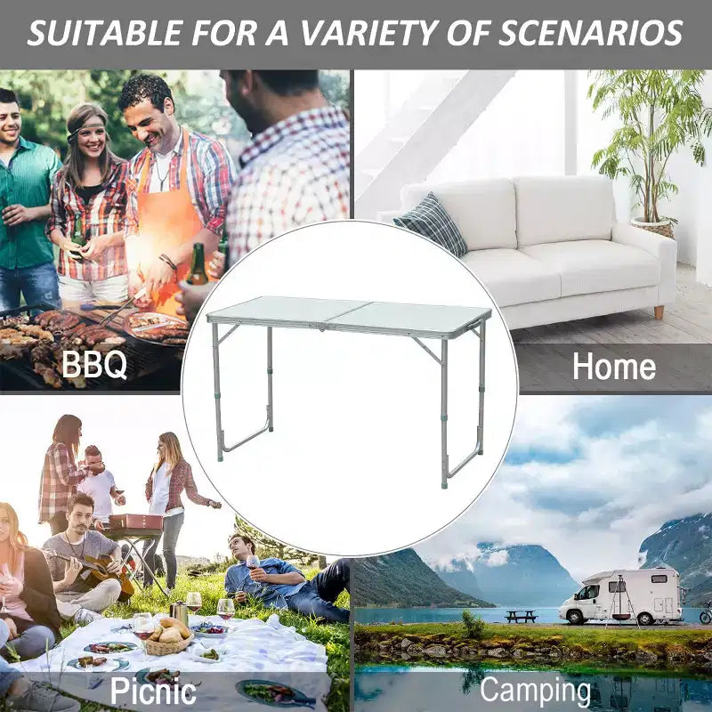 Table de camping pliante blanche/argentée, rectangulaire, pour 1 personne (119 cm × 60 cm)