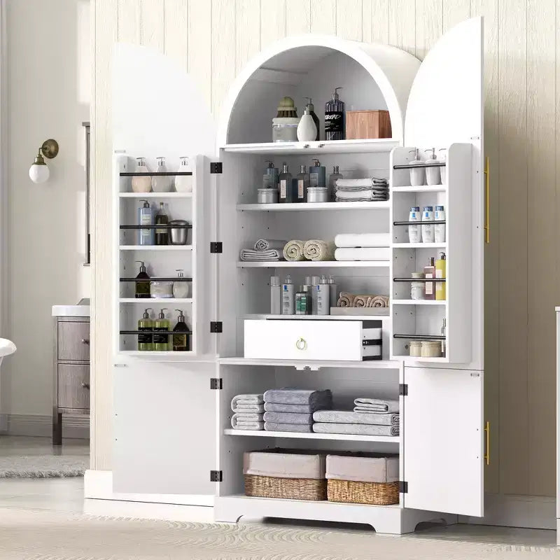 Meuble de rangement blanc à arc, 8 portes, 3 étagères, assemblage par 1 personne
