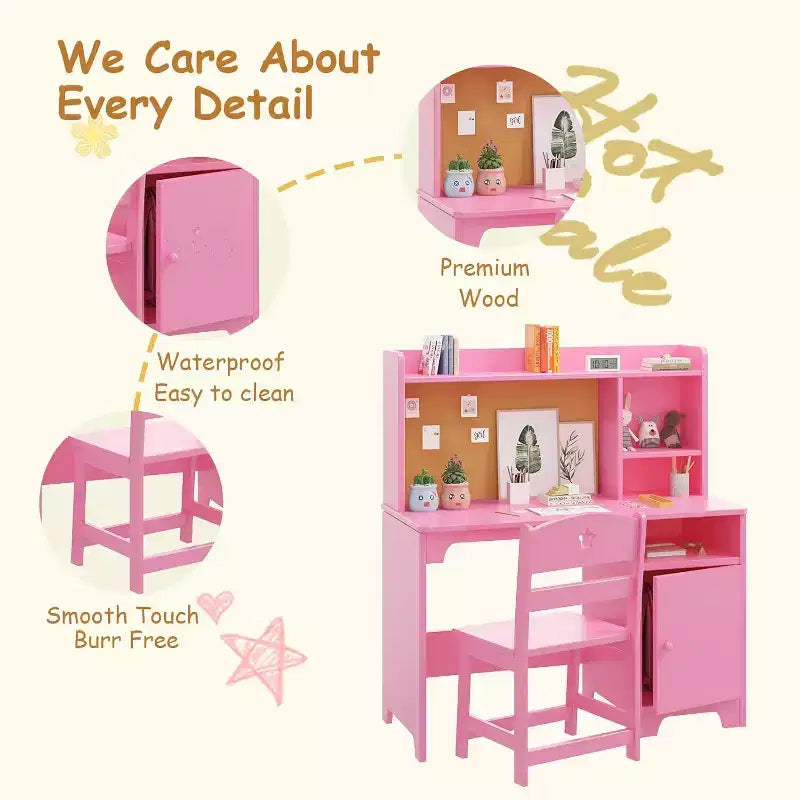 Ensemble bureau et chaise d'étude enfant rose/blanc avec rangement – 1 enfant