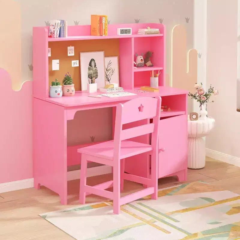 Ensemble bureau et chaise d'étude enfant rose/blanc avec rangement – 1 enfant