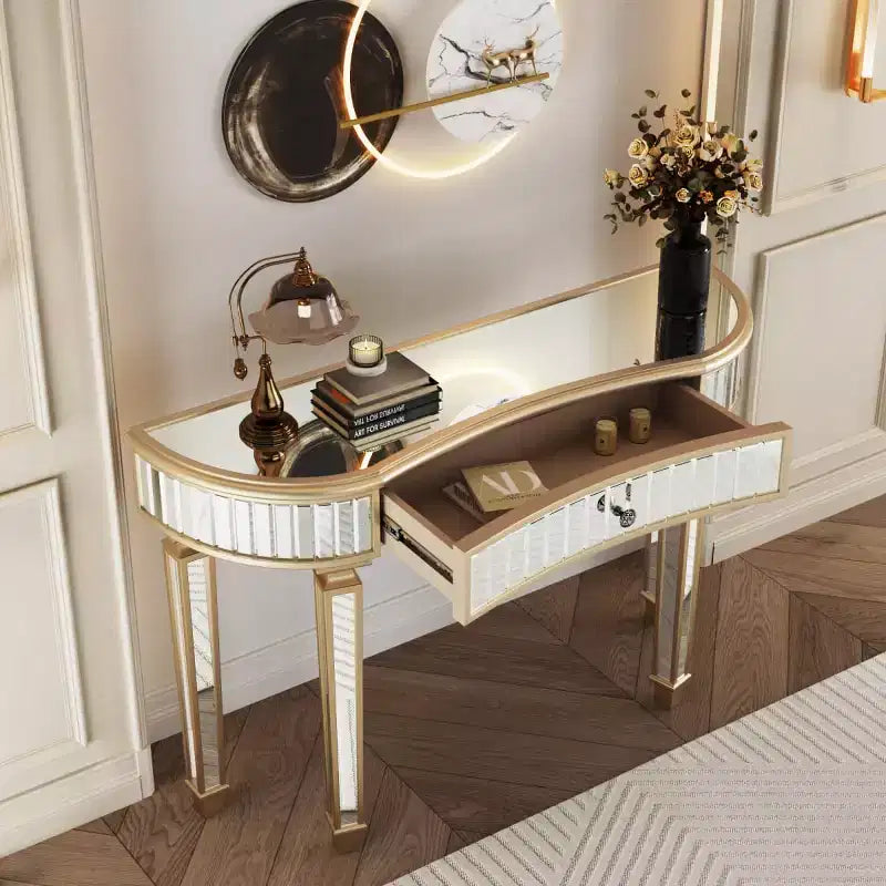Console en demi-lune cannelée avec miroir et tiroir, noire/dorée/grise, pour entrée ou coiffeuse individuelle